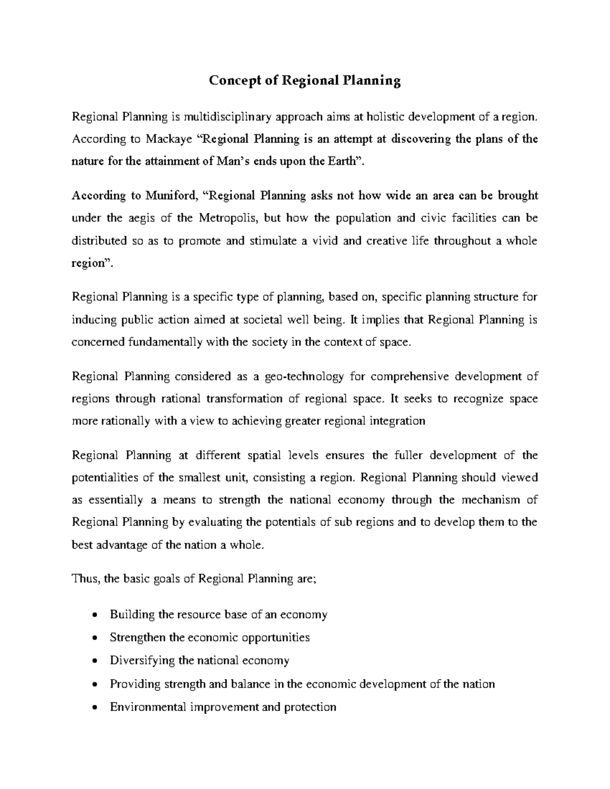 Regional planning goals, objectives etc Concept of Regional Planning