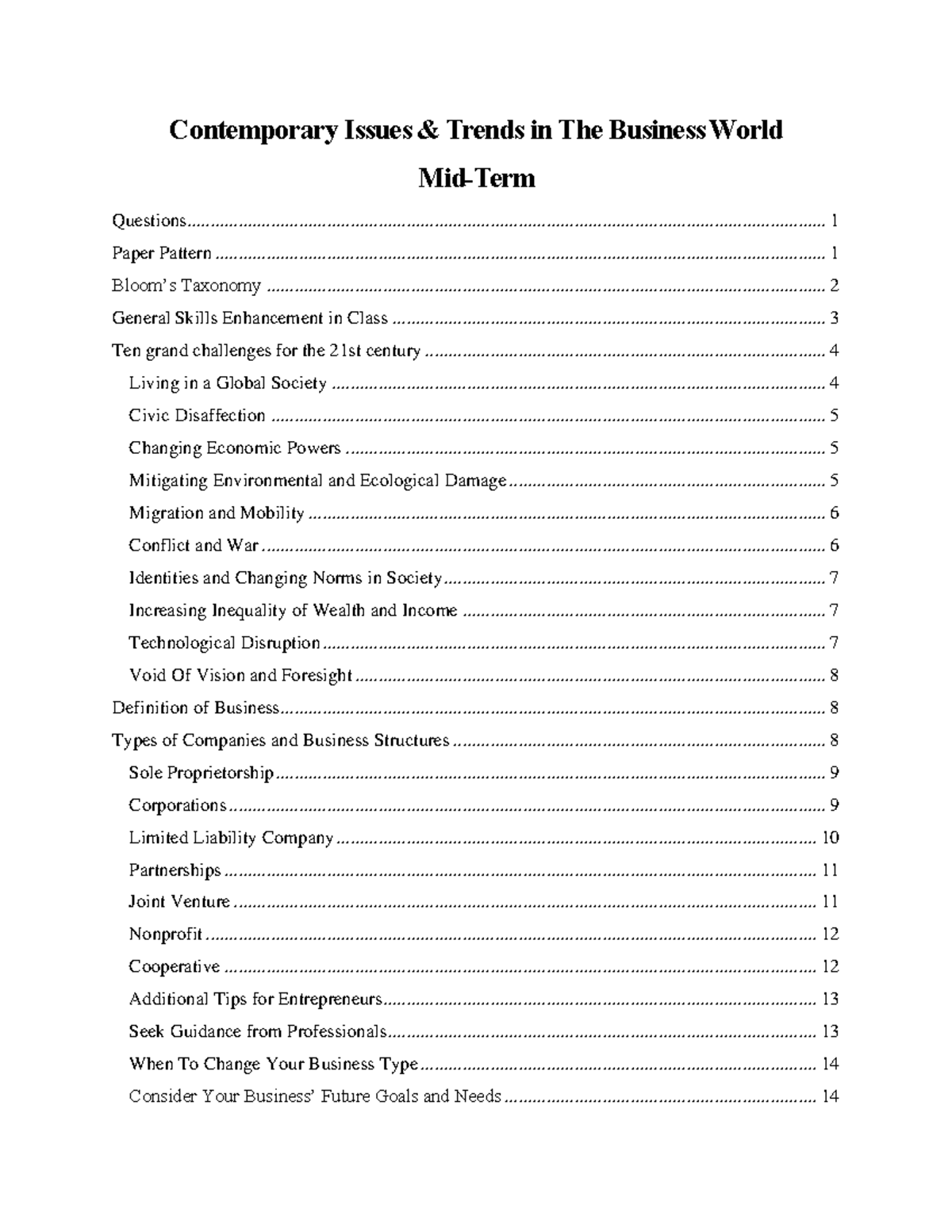 CiITBW Mid Term Notes - Contemporary Issues & Trends in The Business ...