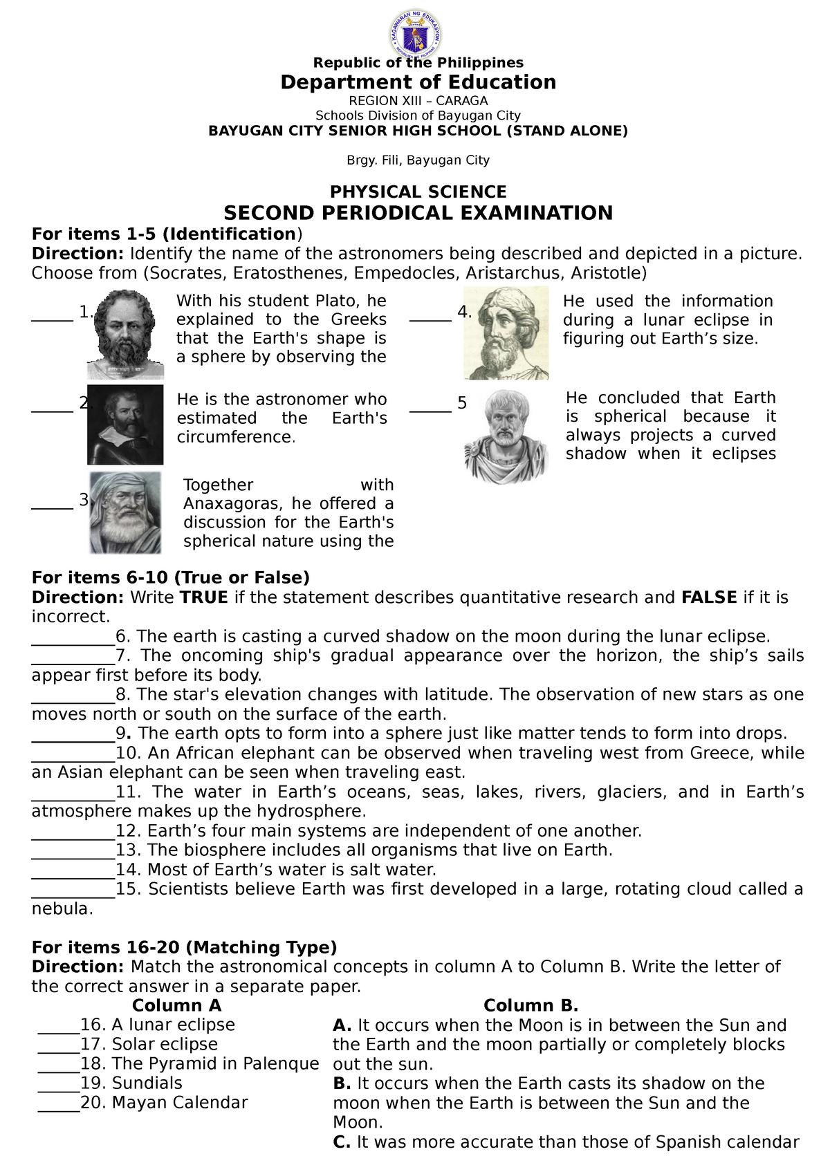 Physical Second Quarter Examination Republic Of The Philippines Department Of Education Region 8914