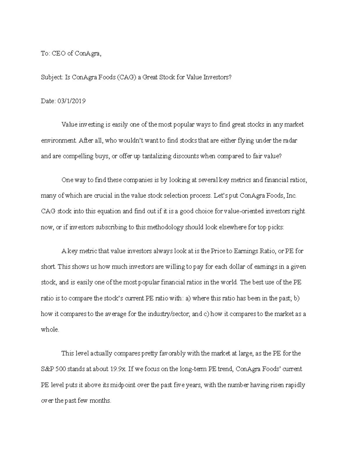 Conagra To CEO of ConAgra, Subject Is ConAgra Foods (CAG) a Great