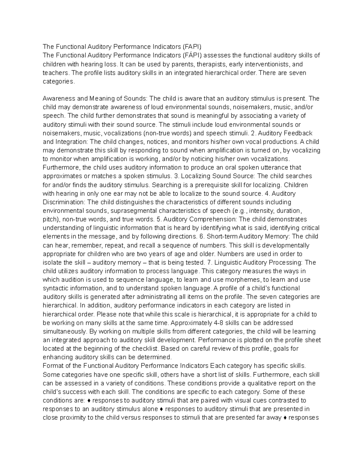 Functional Auditory Performance Indicators (FAPI) for Children with ...