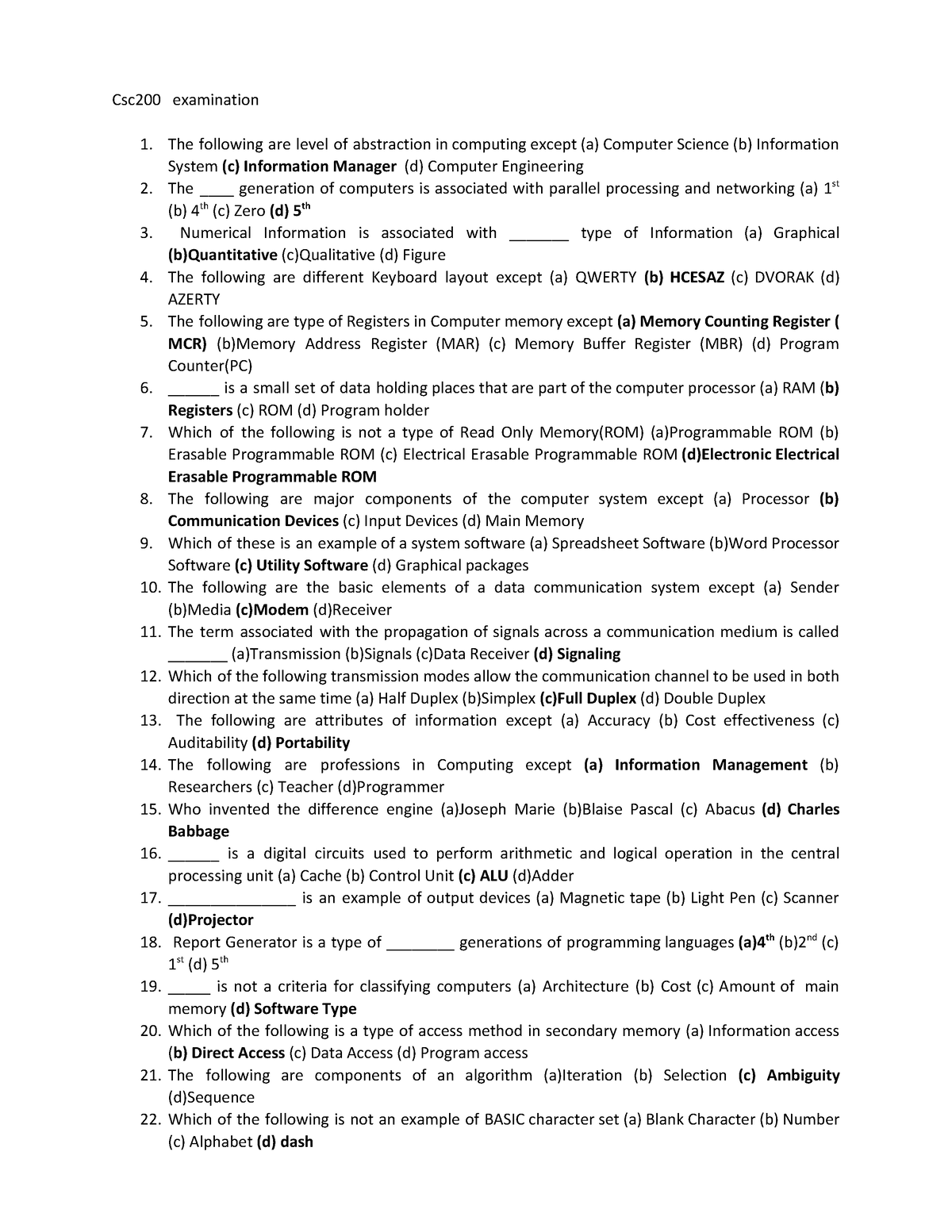 Combined CSC Questions 200 - Csc200 Examination The Following Are Level ...