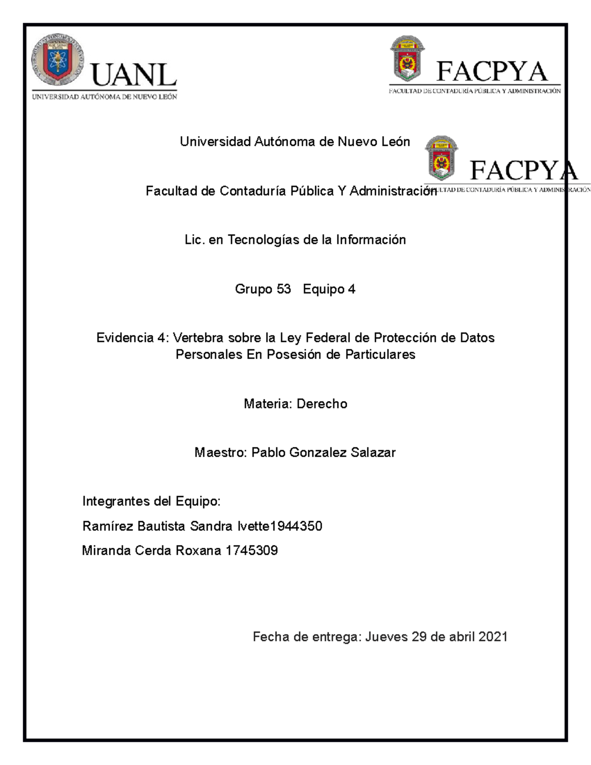 Ev4 Derecho Equipo 4 - Universidad Autónoma de Nuevo León Facultad de ...