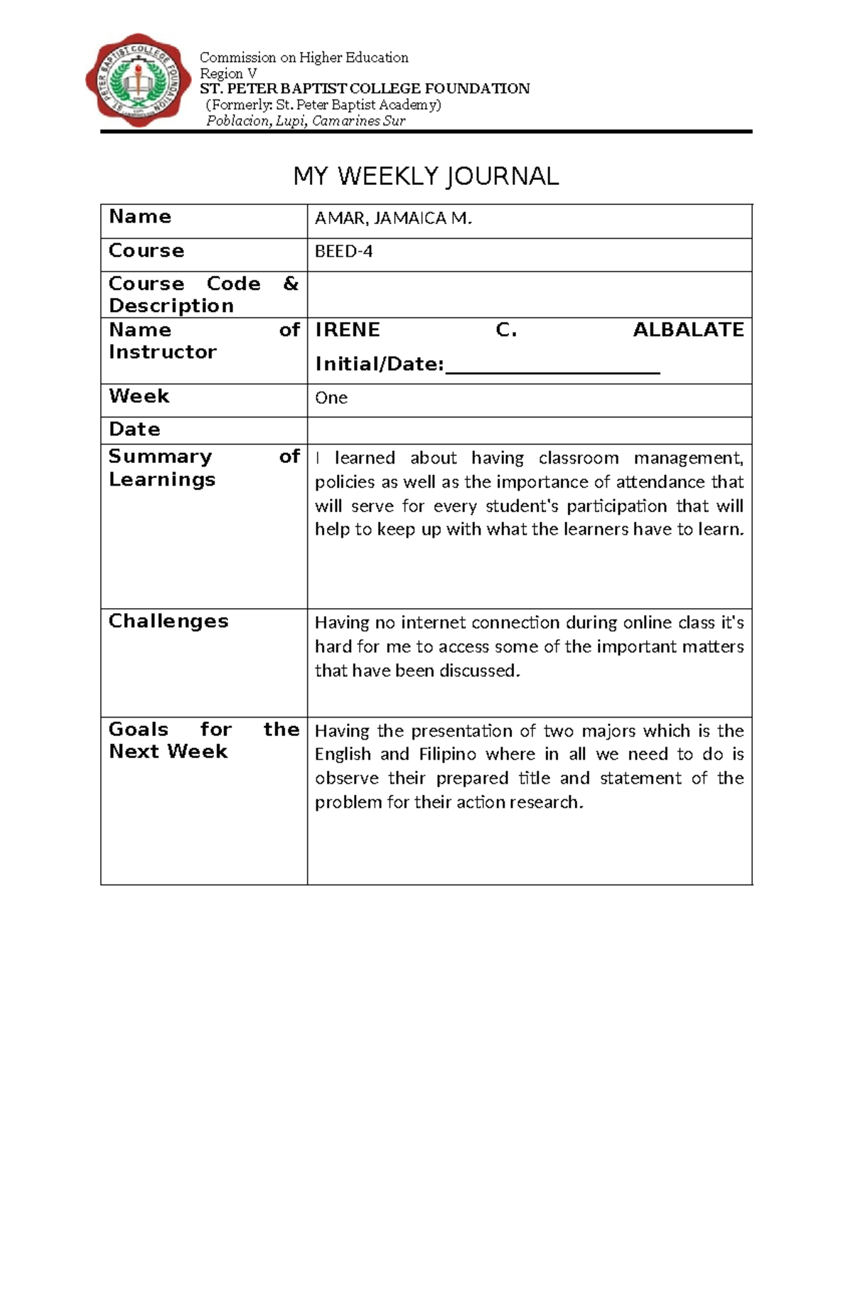 Weekly-Journal-Template - Commission on Higher Education Region V ST ...