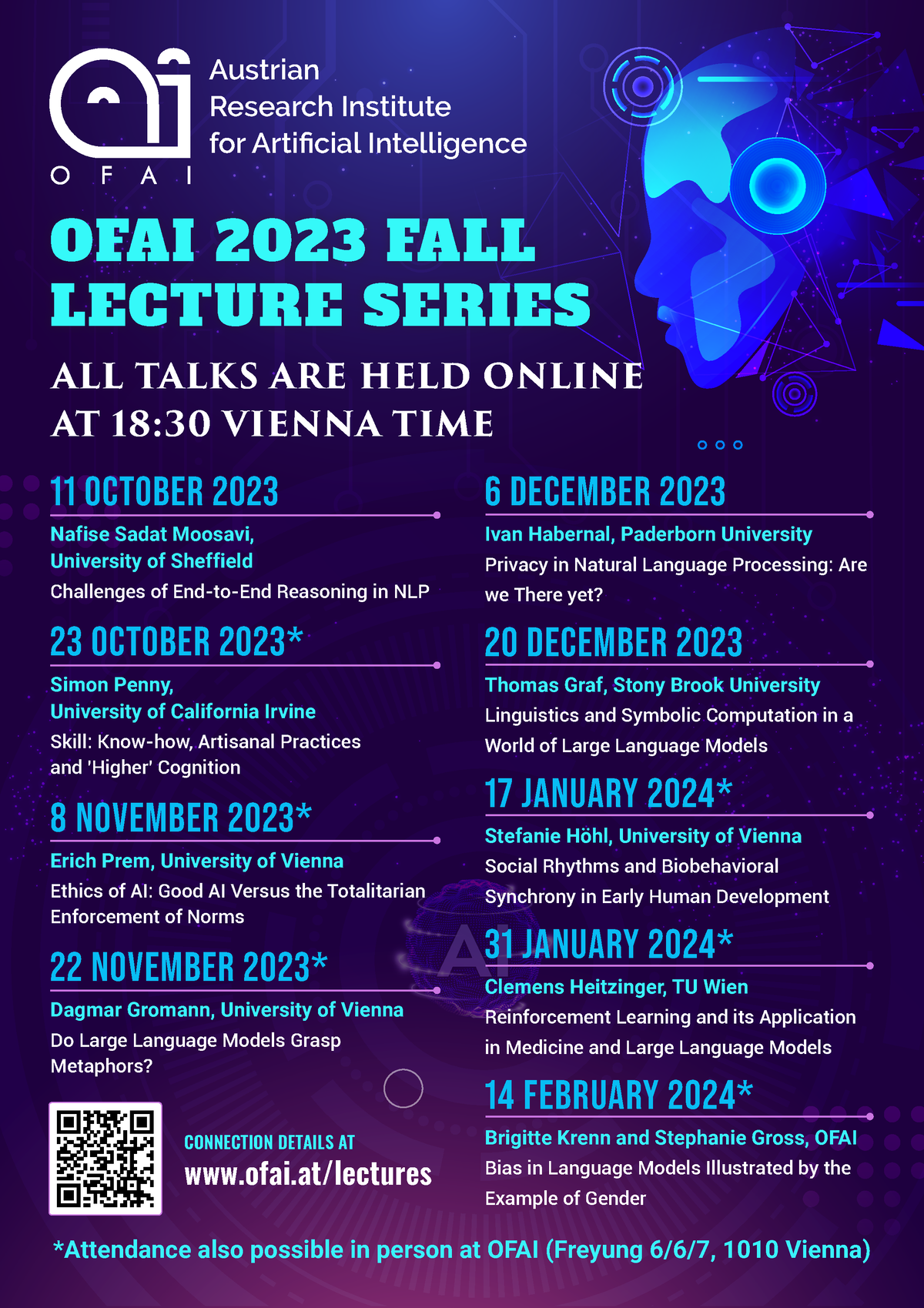 OFAI 2023 Fall Lecture Series poster ALL TALKS ARE HELD ONLINE AT 18