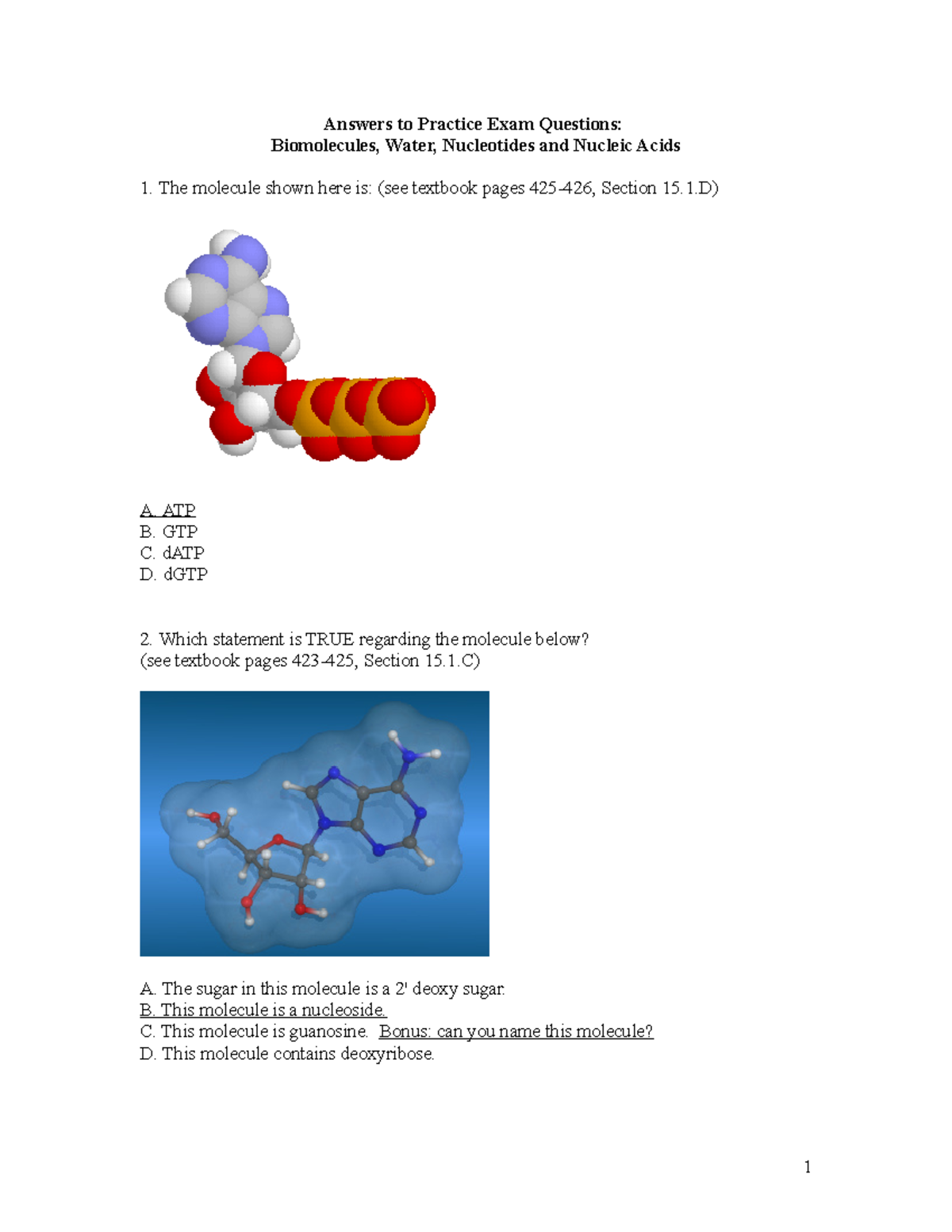 Nucleotides and Nucleic Acids MCQ Answers Winter 2015 Answers to