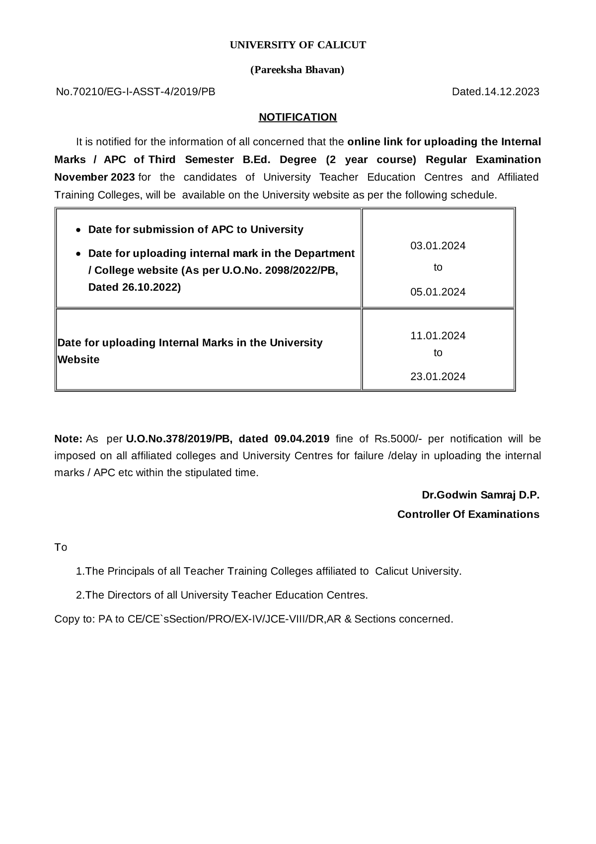 Notification for uploading Internal Marks i.r.o. Third Semester B.Ed ...