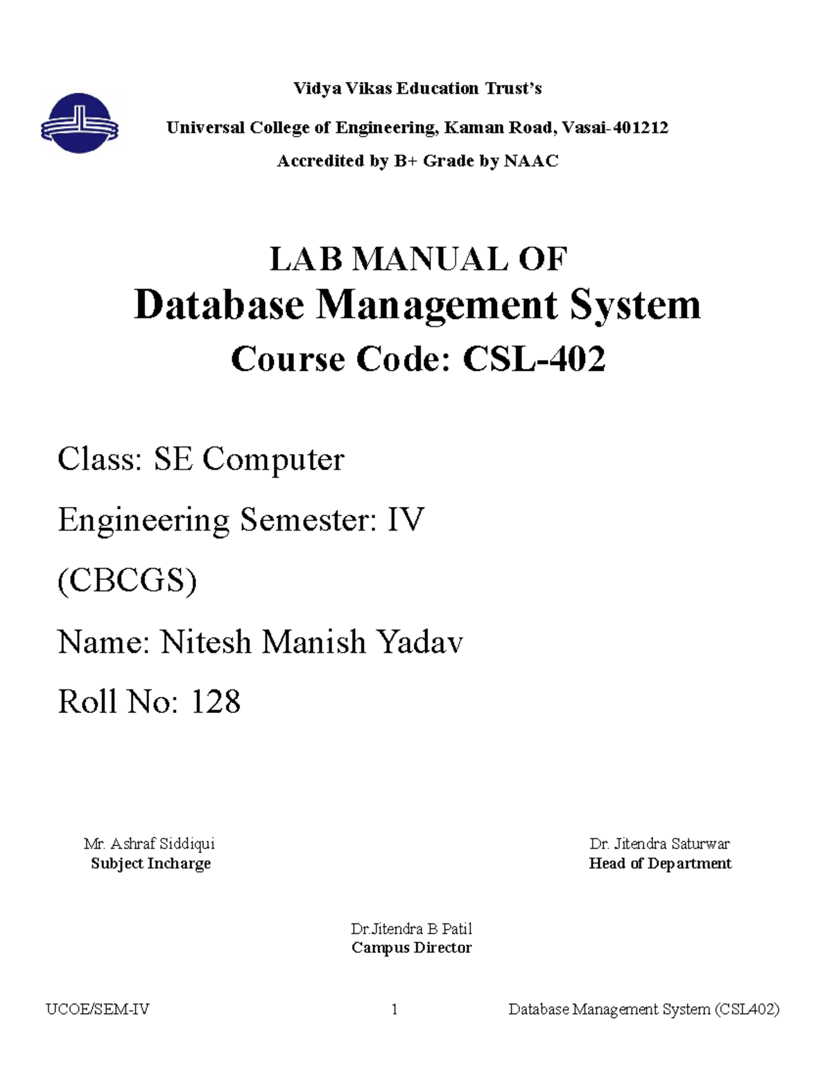 Nitesh 128 DBMS Lab Manual (B2) LAB MANUAL OF Database Management