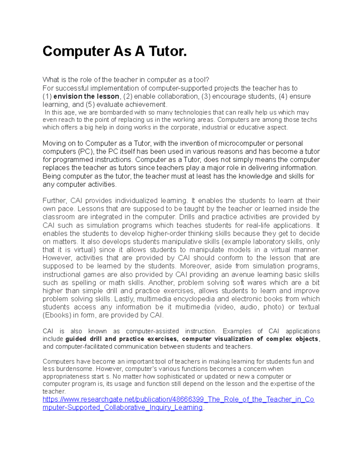 Computer As A Tutor- Mellow - Computer As A Tutor. What is the role of ...