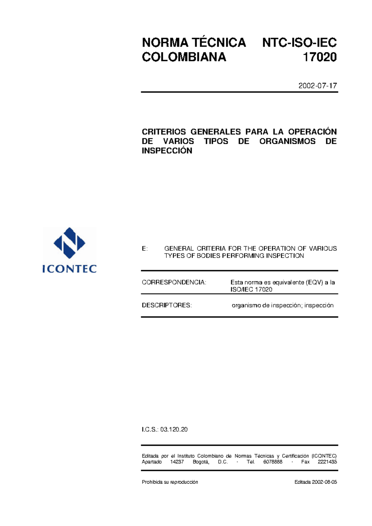 NTC-ISO-IEC17020 - Derecho Penal - NORMA TÉCNICA NTC-ISO-IEC COLOMBIANA ...