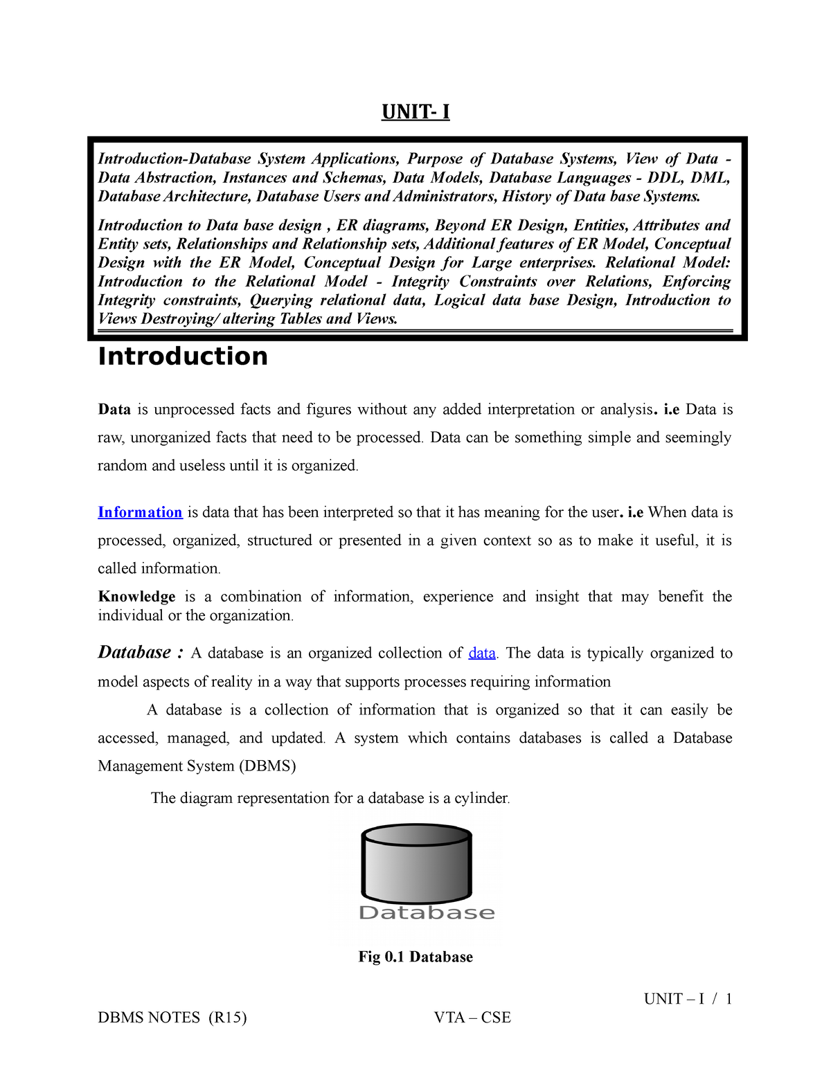 Unit 1 Notes - Eswar-DBMS - UNIT- I Introduction-Database System ...