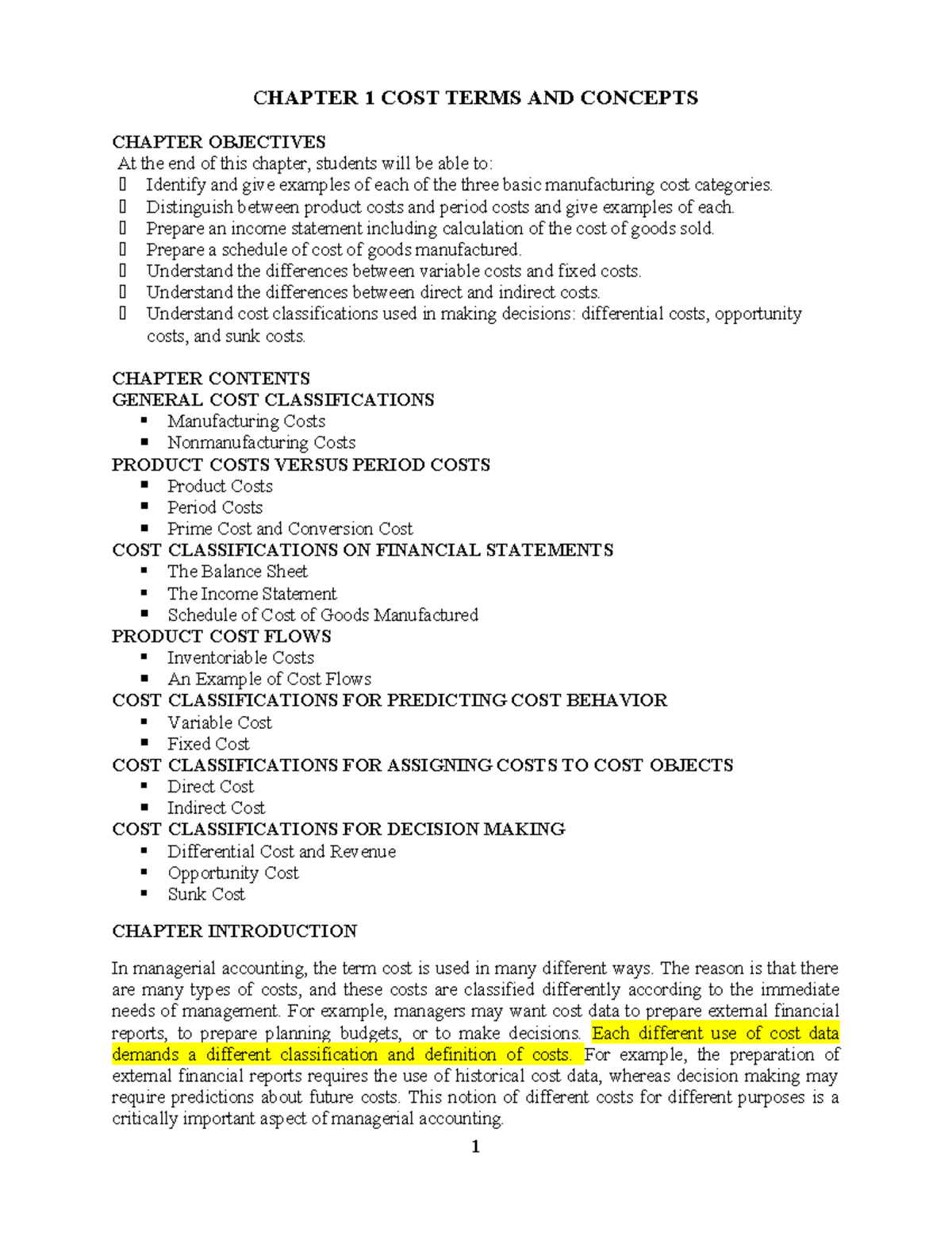 Chapter 1 COST Terms AND Concepts 2 - CHAPTER 1 COST TERMS AND CONCEPTS ...
