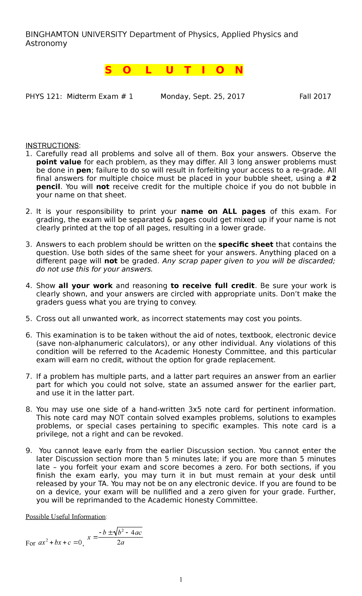 Exam 1 2017 EXAM 1 BINGHAMTON UNIVERSITY Department of Physics