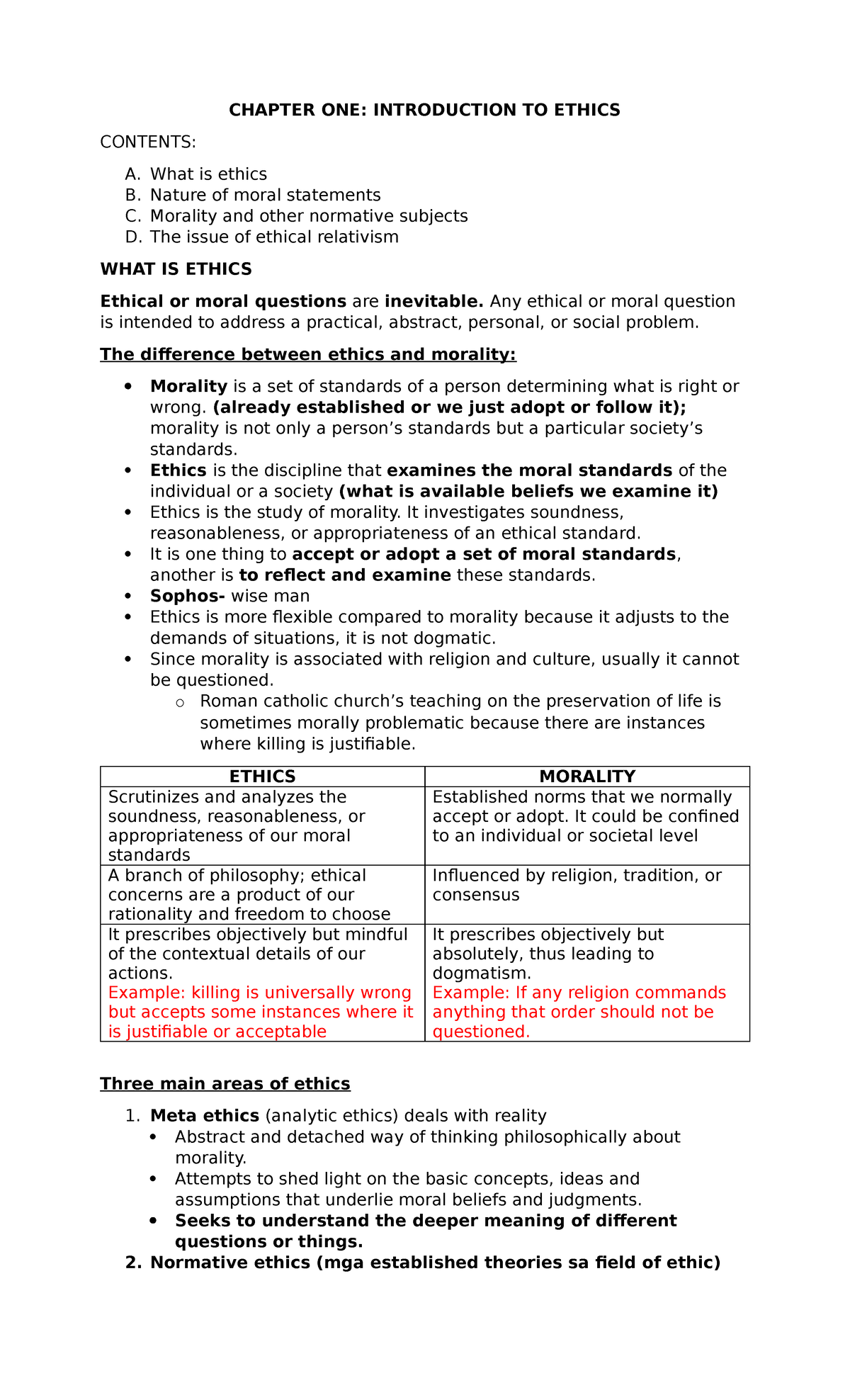 Ethics Notes - CHAPTER ONE: INTRODUCTION TO ETHICS CONTENTS: A. What Is ...