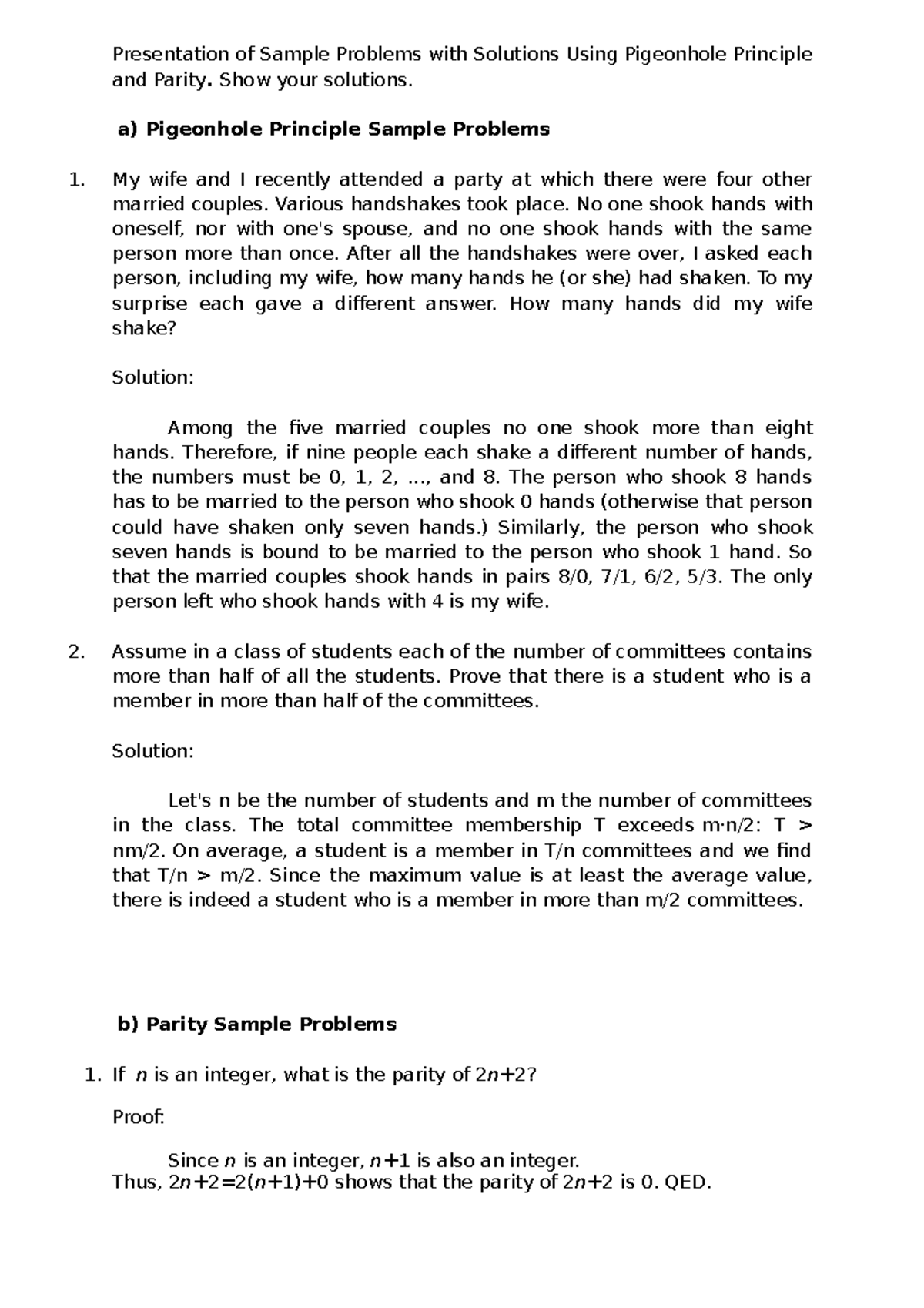 Sample Problems with Solutions Using Pigeonhole Principle and Parity