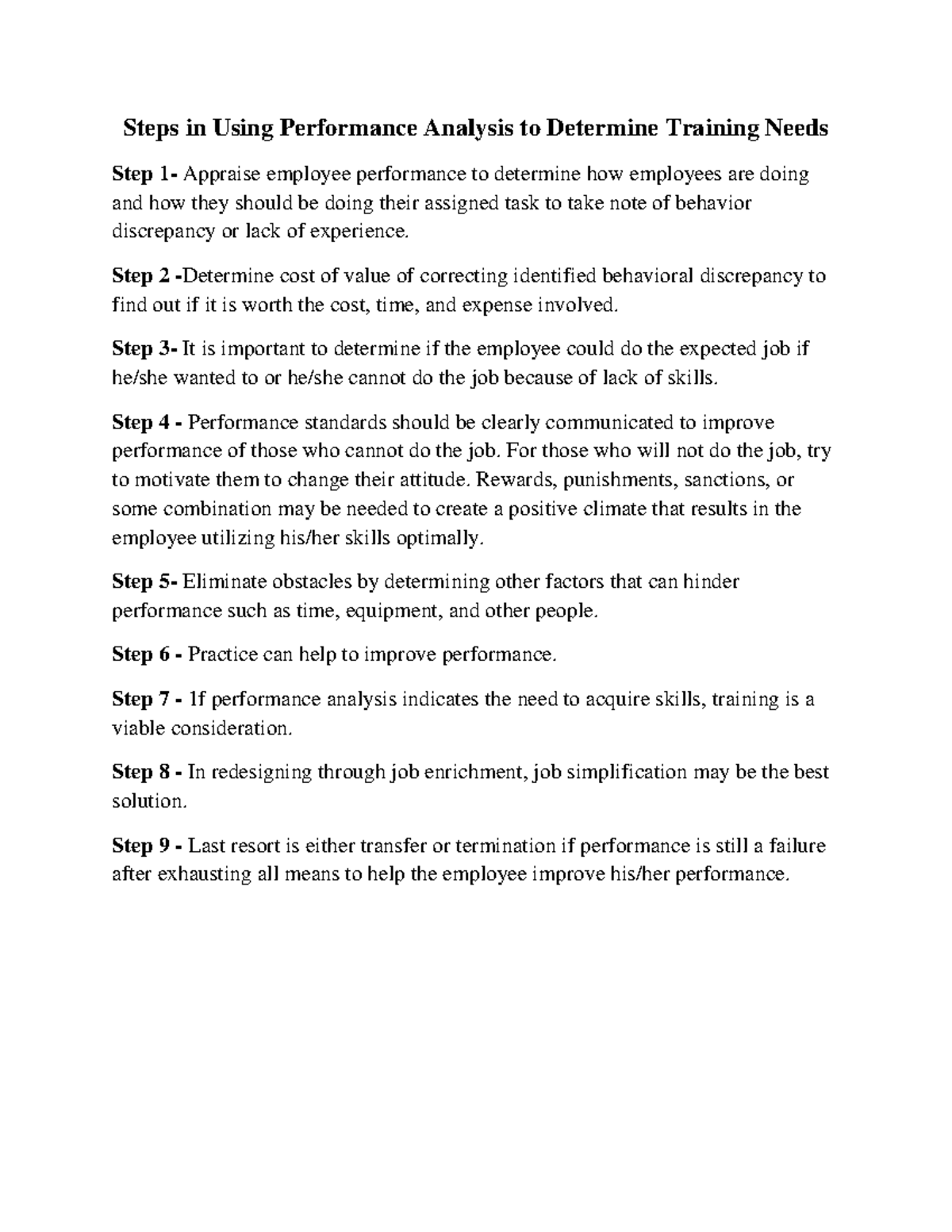 Steps in Using Performance Analysis to Determine Training Needs - Step ...