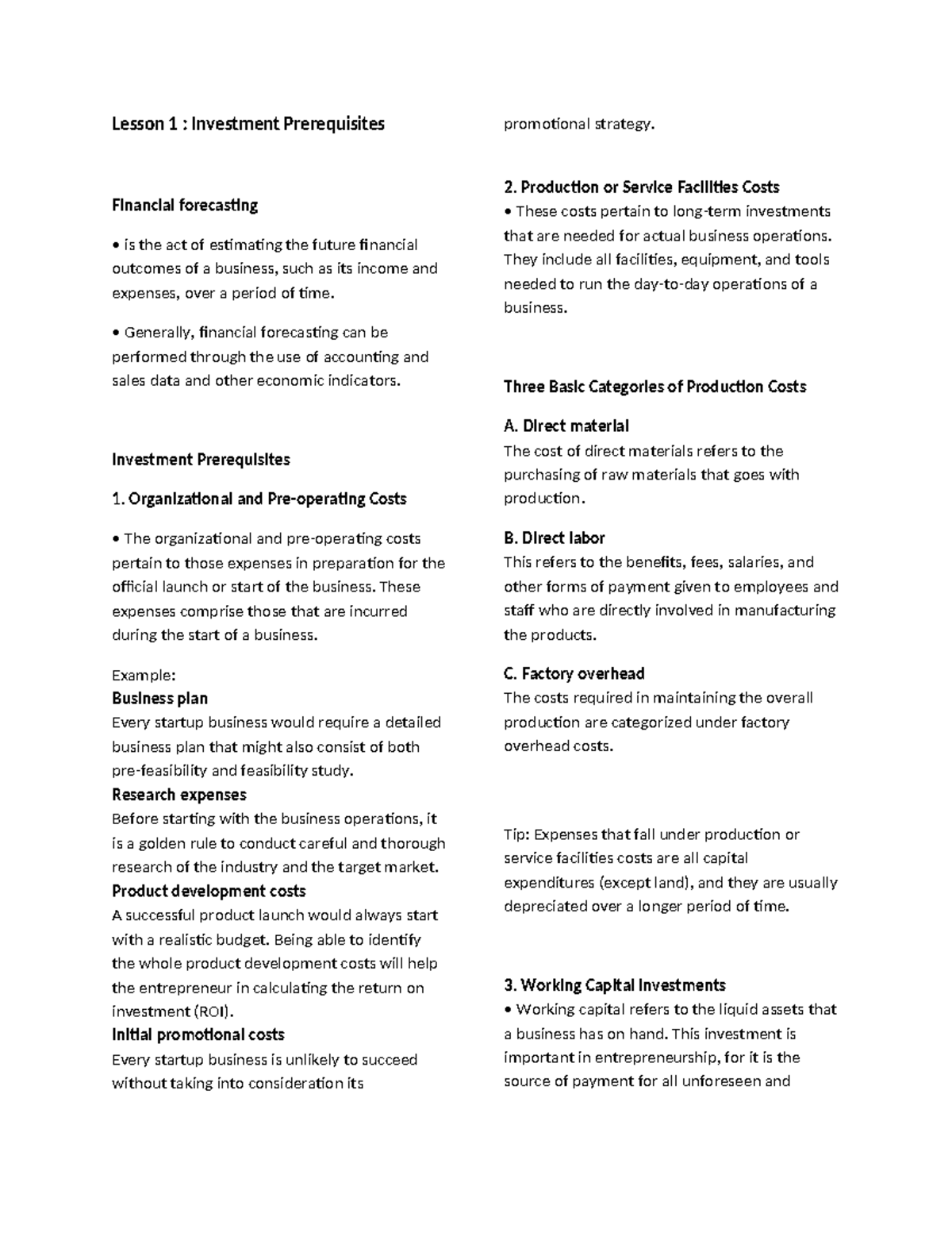 Reviewer sa entrep hahaxd - Lesson 1 : Investment Prerequisites ...