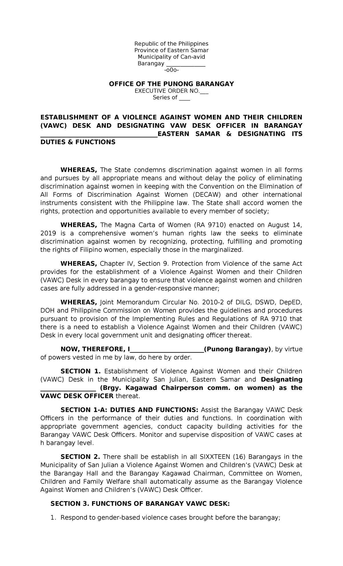 EO-VAWC - asdf - Republic of the Philippines Province of Eastern Samar ...