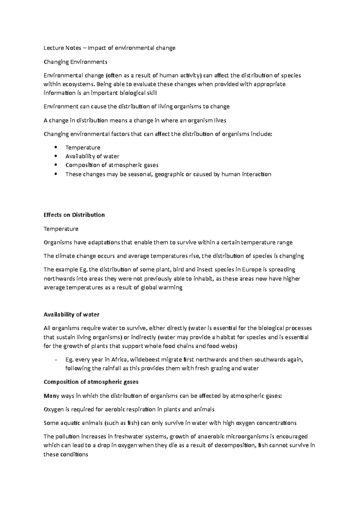 Lecture - Impact of enviromental chnage - Lecture Notes – Impact of ...