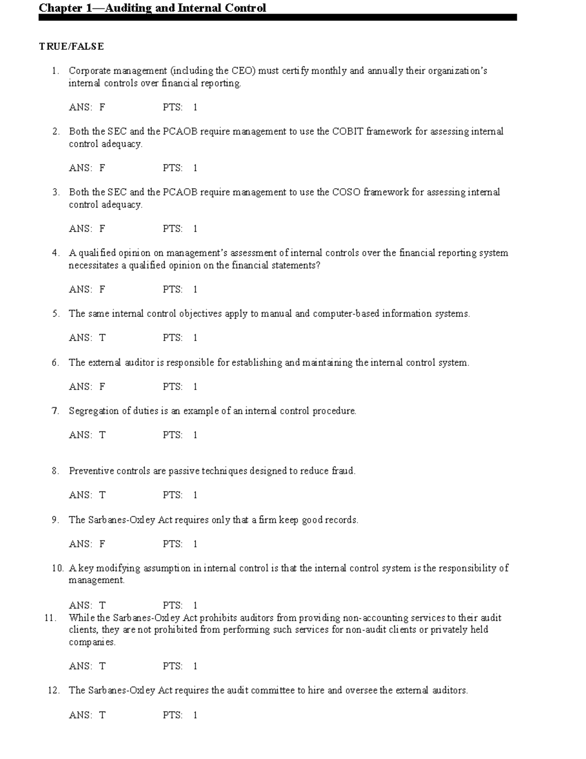 Chapter 1 Test Bank - Good - Chapter 1—Auditing and Internal Control ...