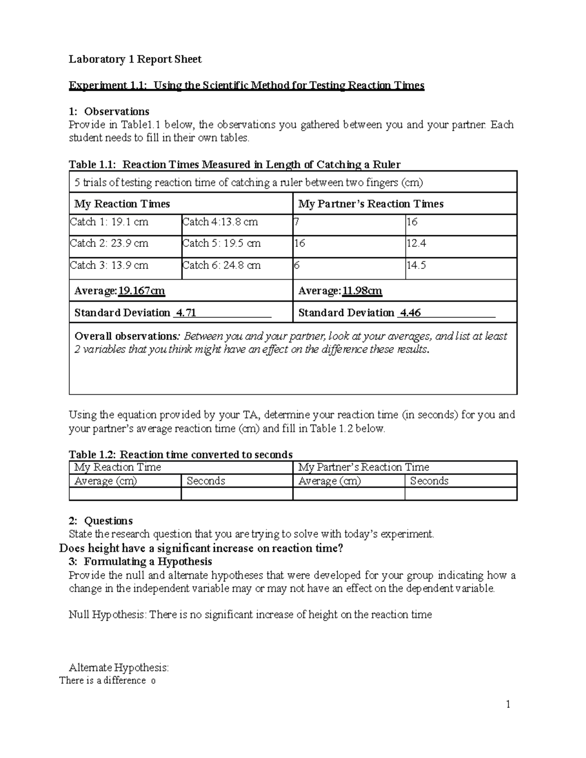 Laboratory 1 Report Sheet - PSYC10031 - Mohawk College - Studocu