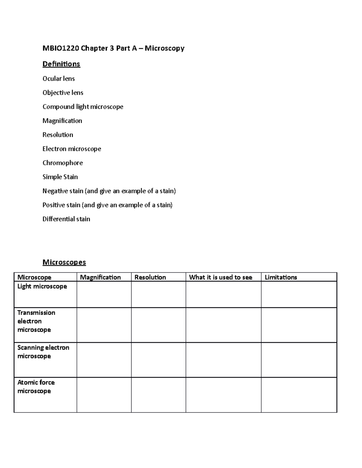 Chapter 3 Study Materials MBIO1220 Chapter 3 Part A Microscopy