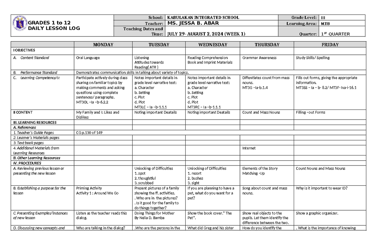 DLL MTB 3 Q1 W1 - lesson plan guide - GRADES 1 to 12 DAILY LESSON LOG ...