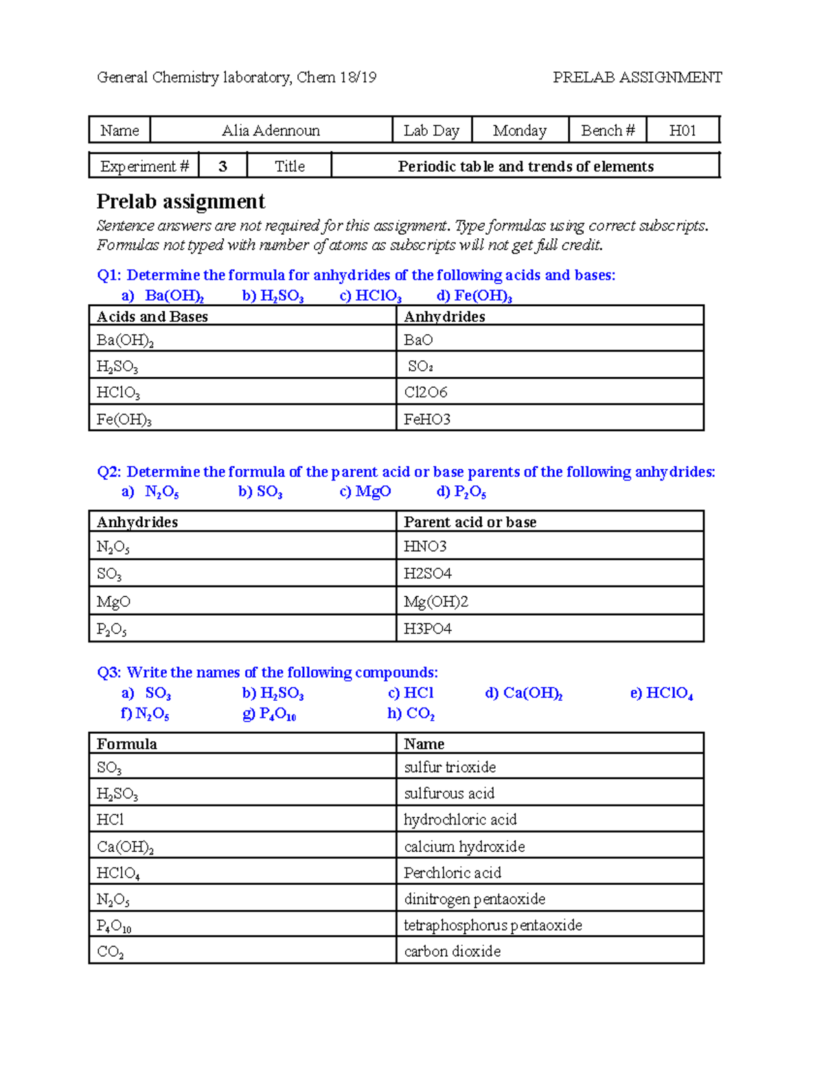 Lab 3 Prelab Assignment Submission - General Chemistry Laboratory, Chem ...