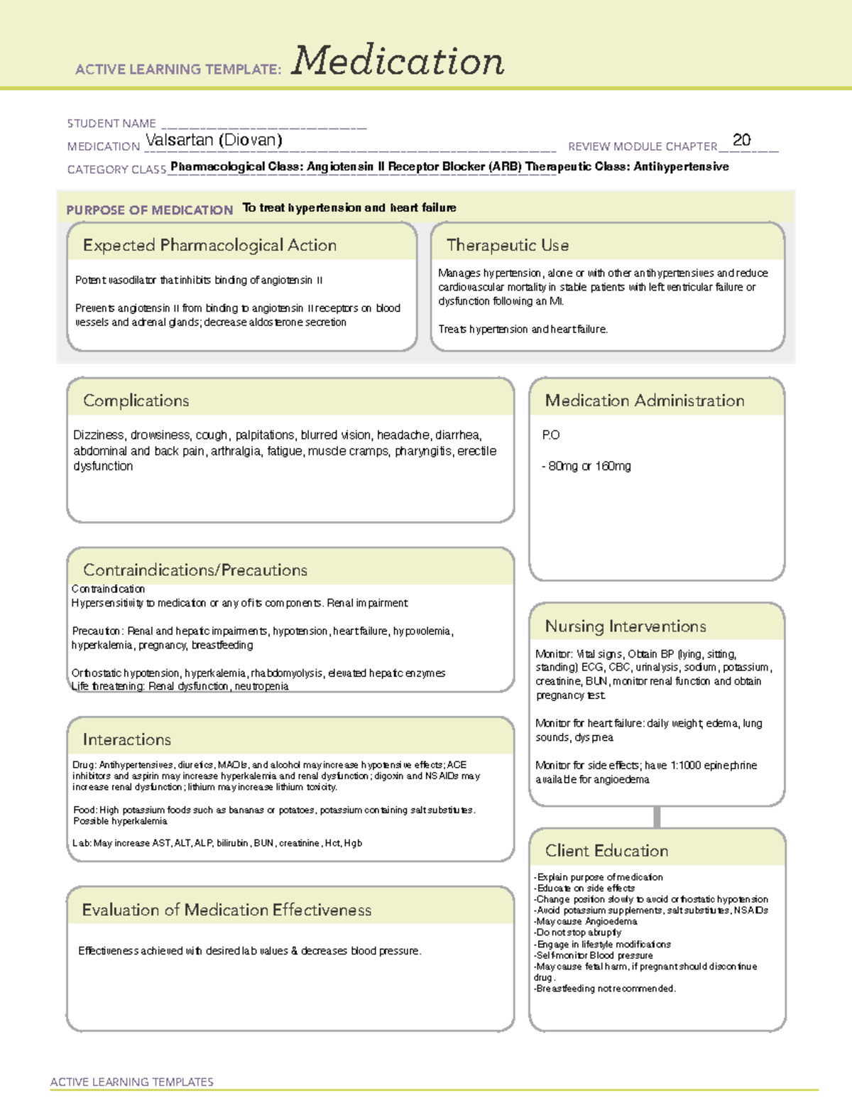 Valsartan (Diovan) - alt - ACTIVE LEARNING TEMPLATES Medication STUDENT ...