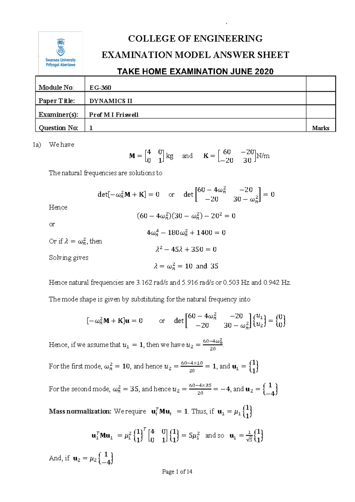EG-360 June 2020 (Solutions) - COLLEGE OF ENGINEERING EXAMINATION MODEL ...