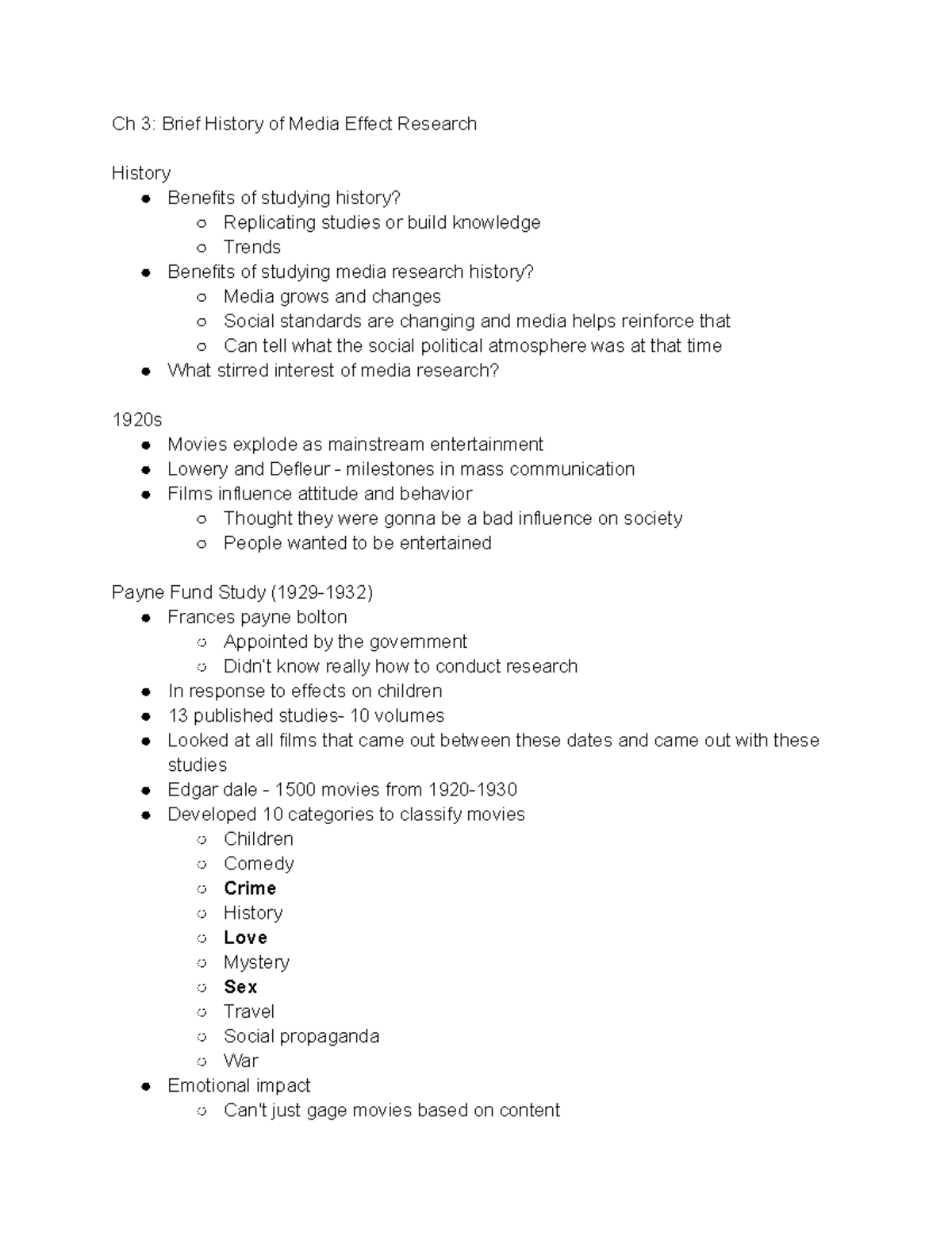 JMS 408 ch 3 Lecture notes 3 Ch 3 Brief History of Media Effect Research History Benefits