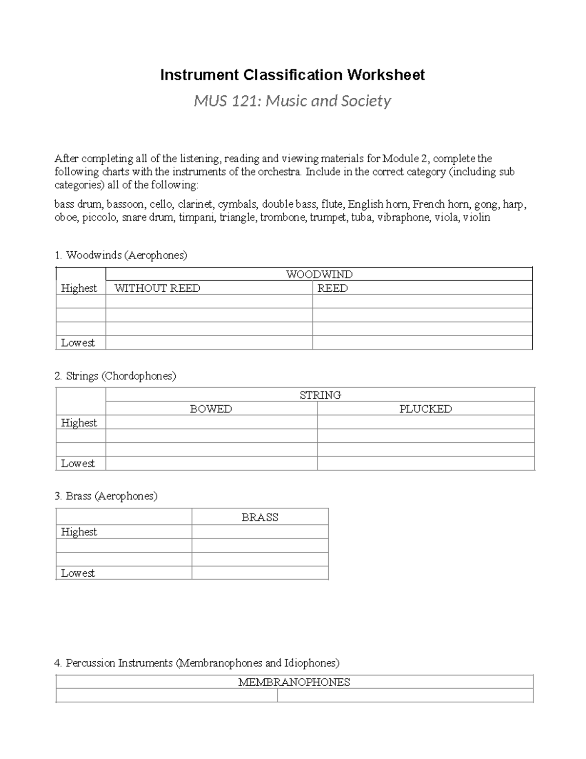 MUS 121 Instrument Classification Worksheet-2 - Instrument ...