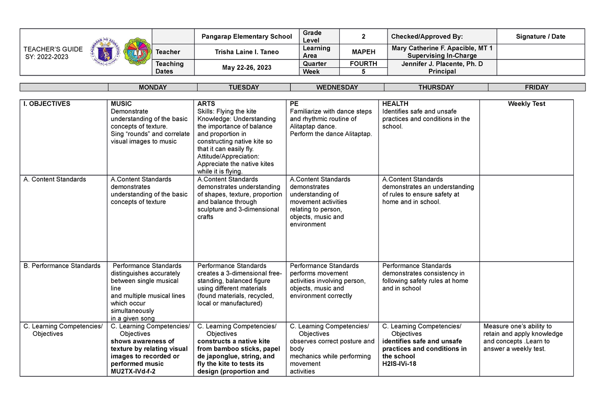 Grade 2 DLL Mapeh 2 Q4 Week 5 - MONDAY TUESDAY WEDNESDAY THURSDAY ...