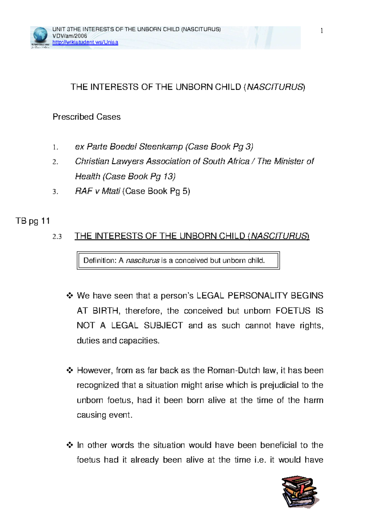 Nasciturus notes - wikistudent/Unisa THE INTERESTS OF THE UNBORN CHILD ...