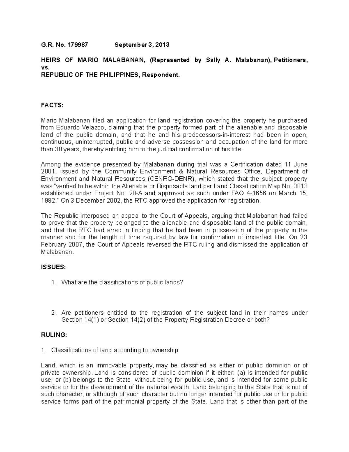 Hrs of Malabanan v. Republic - G. No. 179987 September 3, 2013 HEIRS OF ...