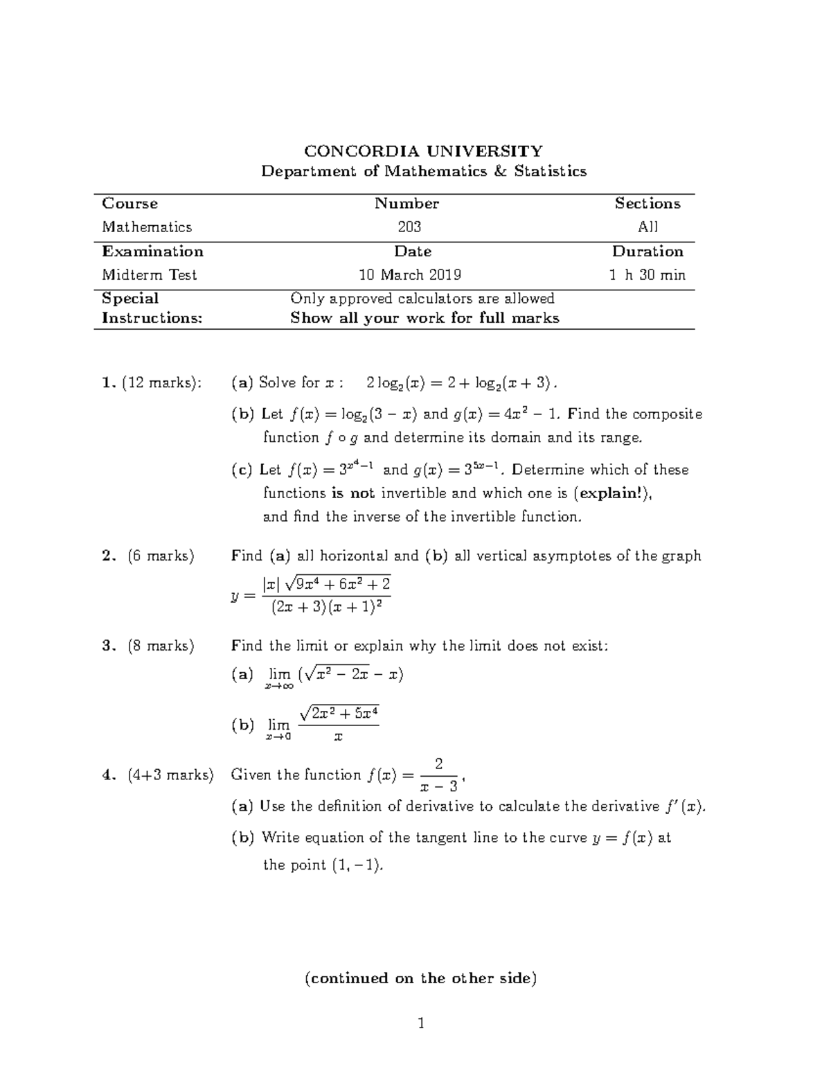 Math203 Midterm Winter 19 - CONCORDIA UNIVERSITY Department of ...