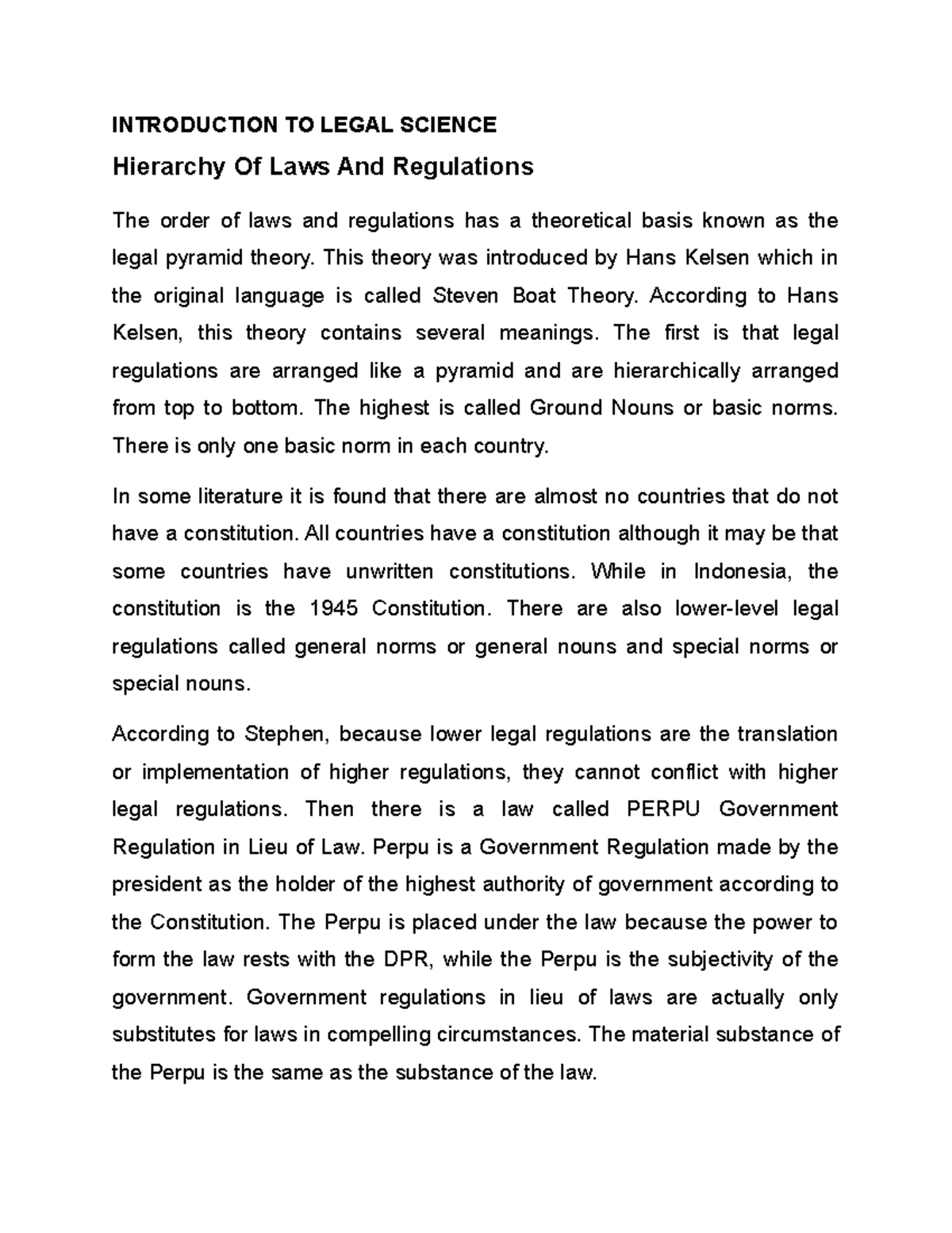 Hierarchy Of Laws And Regulations INTRODUCTION TO LEGAL SCIENCE