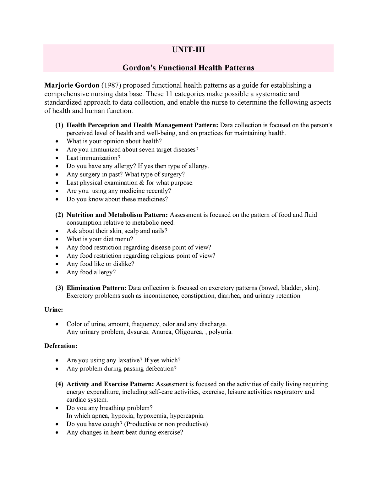 gordons functional health patterns example