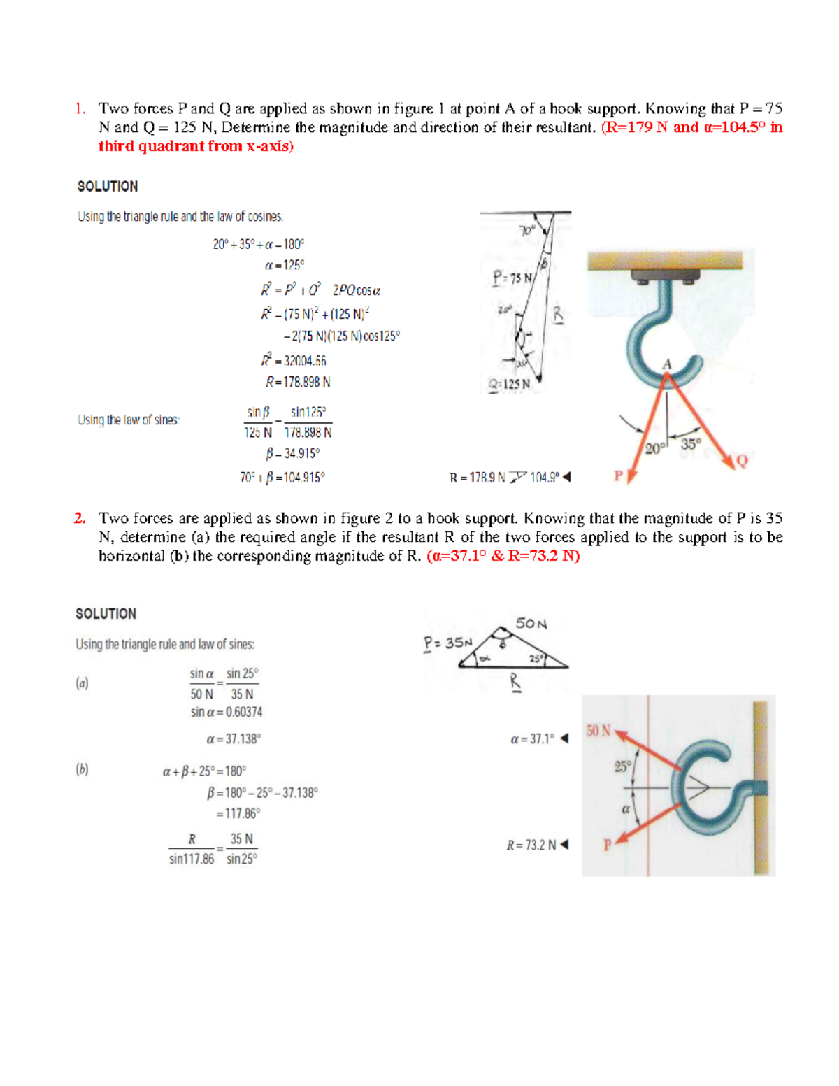 Tutorial 1 Mechanics Mec 107 Lpu Two Forces And Are Applied As Shown In Figure At Point Of Hook Support Knowing That 75 And 125 Determine The Magnitude And Studocu