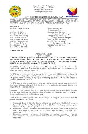 Barangay- Clearance- Resolution - Republic of the Philippines Province ...