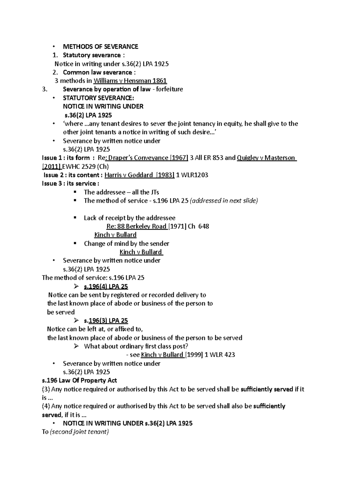 Methods OF Severance of a leasehold estate. • METHODS OF SEVERANCE