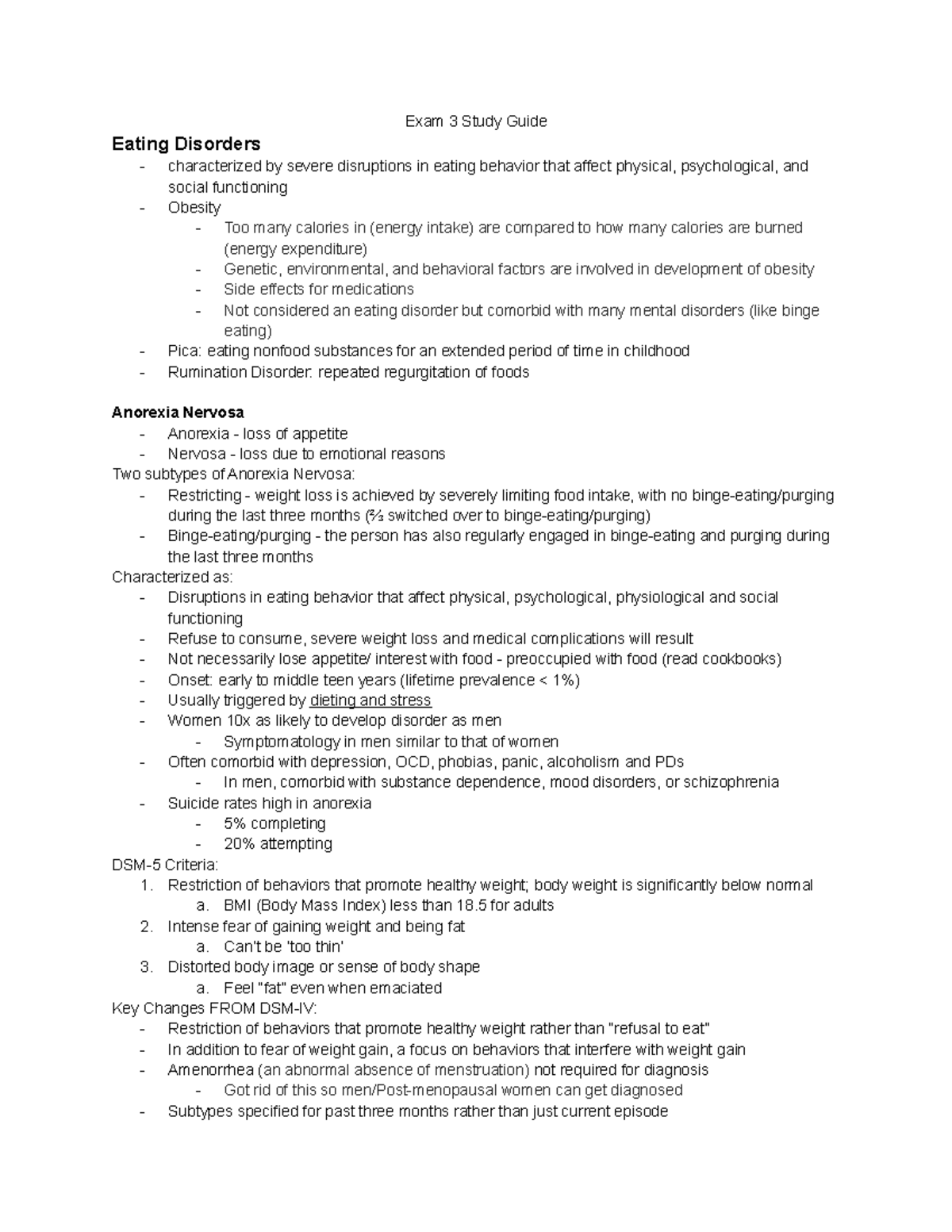 Exam 3 study guide - Exam 3 Study Guide Eating Disorders characterized ...