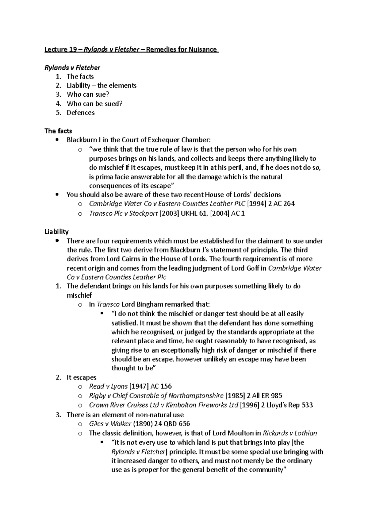 Lecture 19 - Lecture 19 – Rylands v Fletcher – Remedies for Nuisance ...
