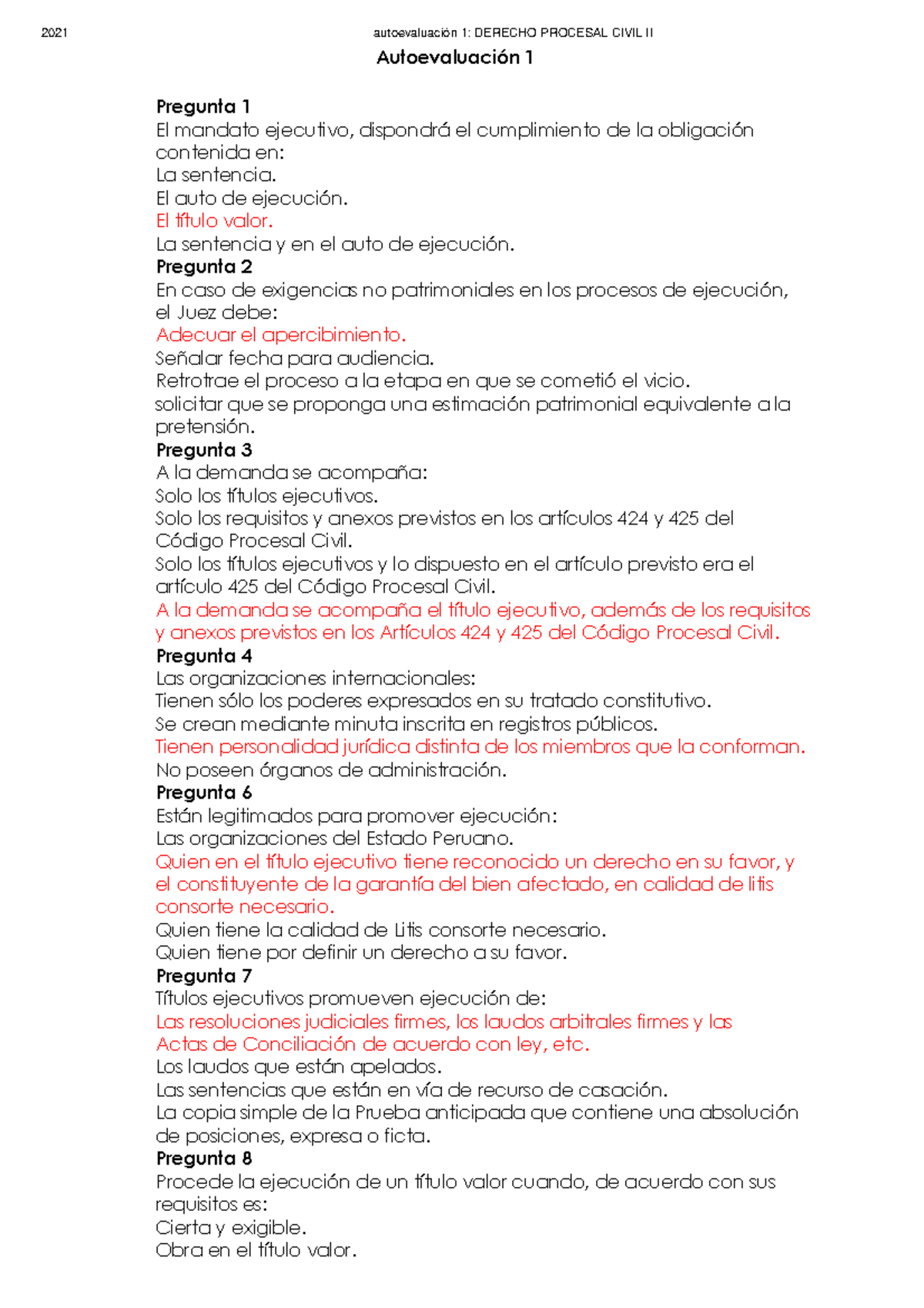 Autoevaluación 1 Derecho Procesal Civil II - 2021 Autoevaluación 1 ...