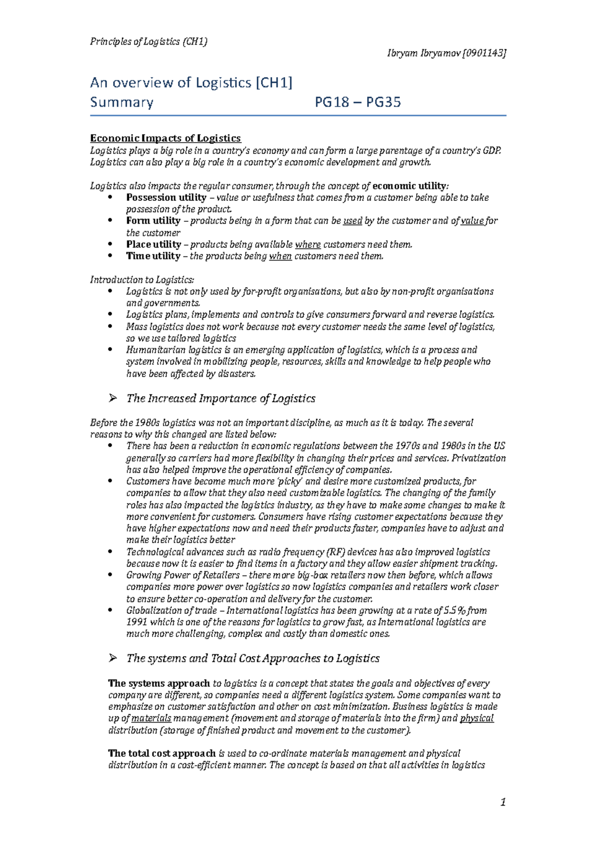 CH1 Summary - Chapter 1 - Principles Of Logistics (CH1) Ibryam Ibryamov ...