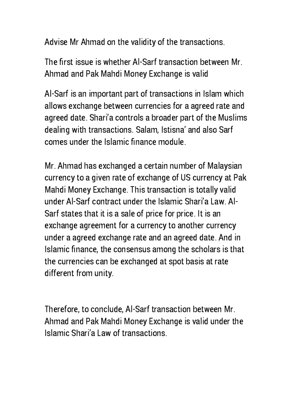 Farah assignment - Advise Mr Ahmad on the validity of the transactions ...