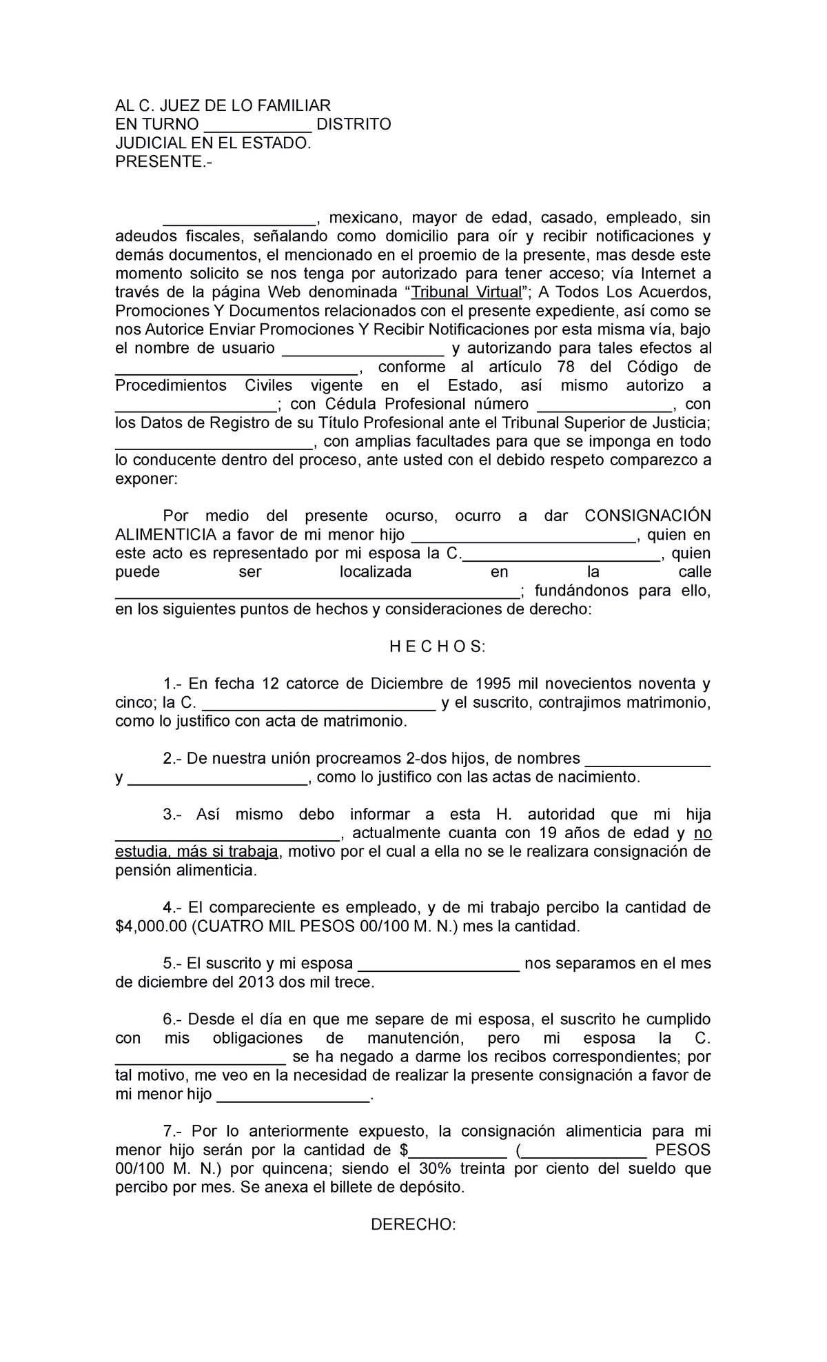 Formato consignacion pension alimenticia - AL C. JUEZ DE LO FAMILIAR EN  TURNO ______ DISTRITO - Studocu