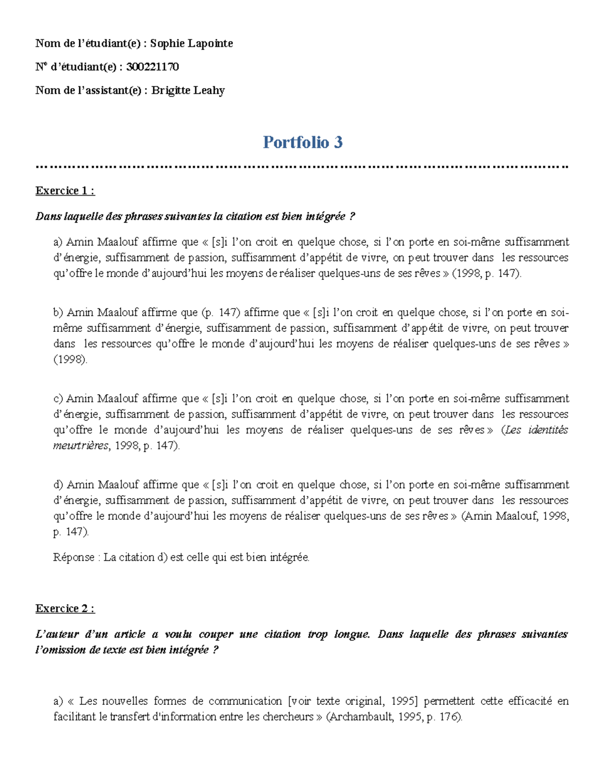 Portfolio #3 français - 100% - Nom de l’étudiant(e) : Sophie Lapointe ...