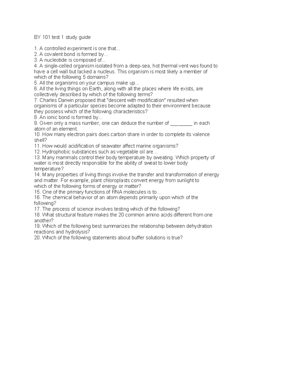 BY 101 test 1 study guide - BY 101 test 1 study guide A controlled ...