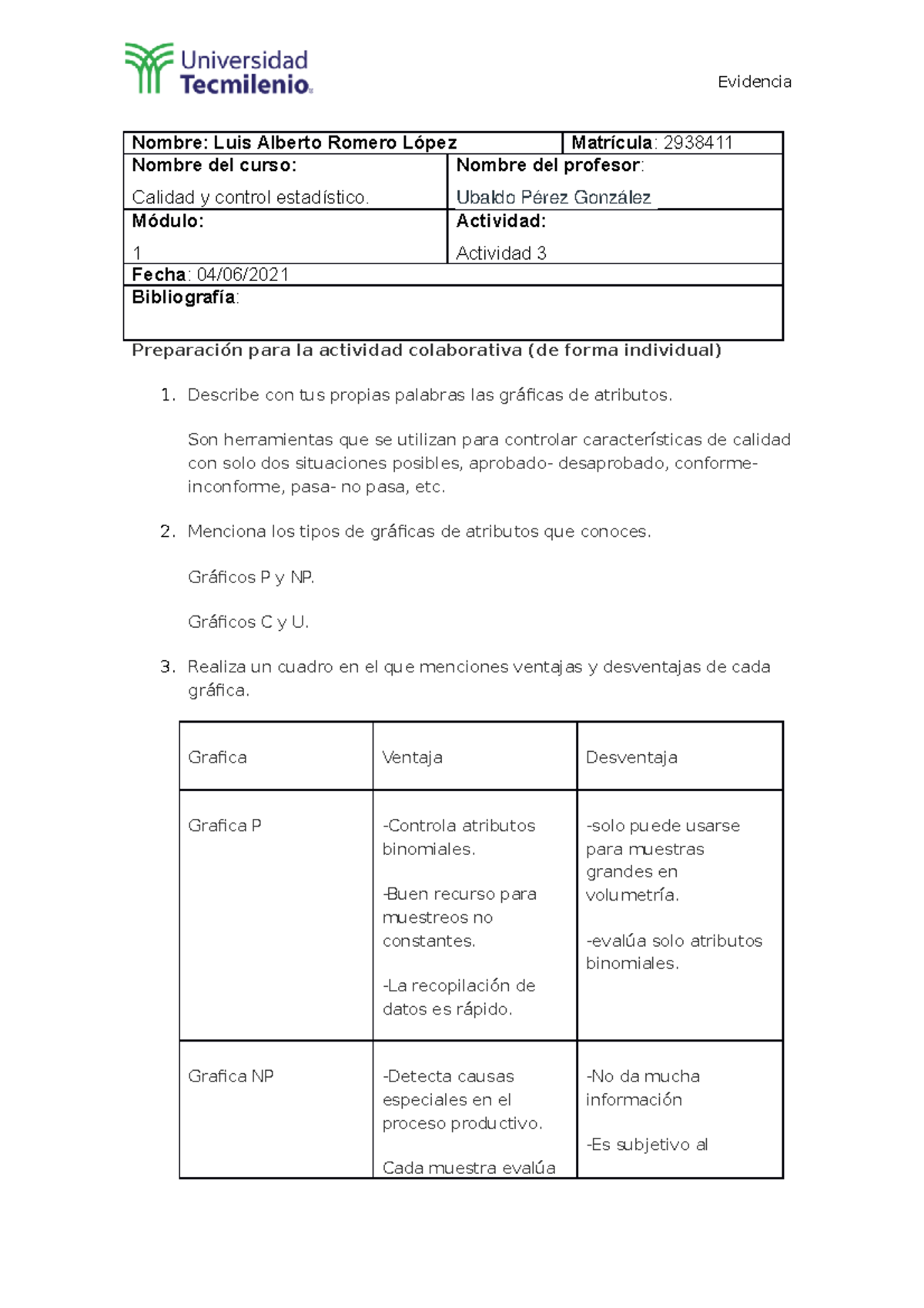 Actividad 3 Control Estadistico De Calidad Tecmi - Evidencia Nombre ...